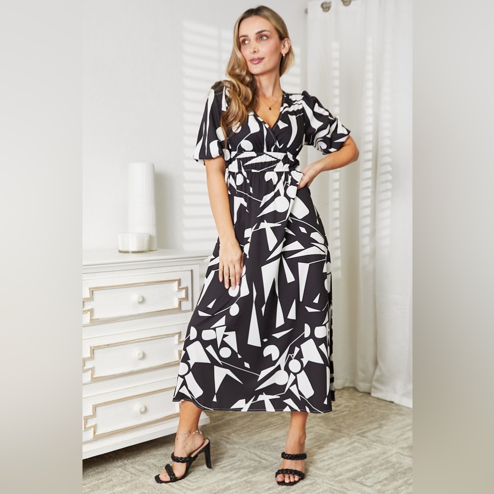 Yio Moda Printed Surplice Balloon Sleeve Dress